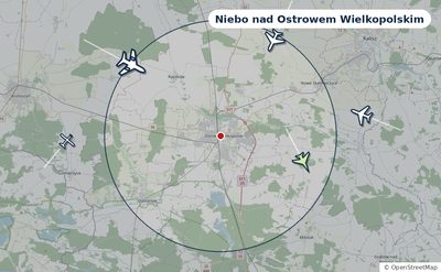 Mapa okolic miasta z sylwetkami samolotów — Niebo nad Ostrowem Wielkopolskim